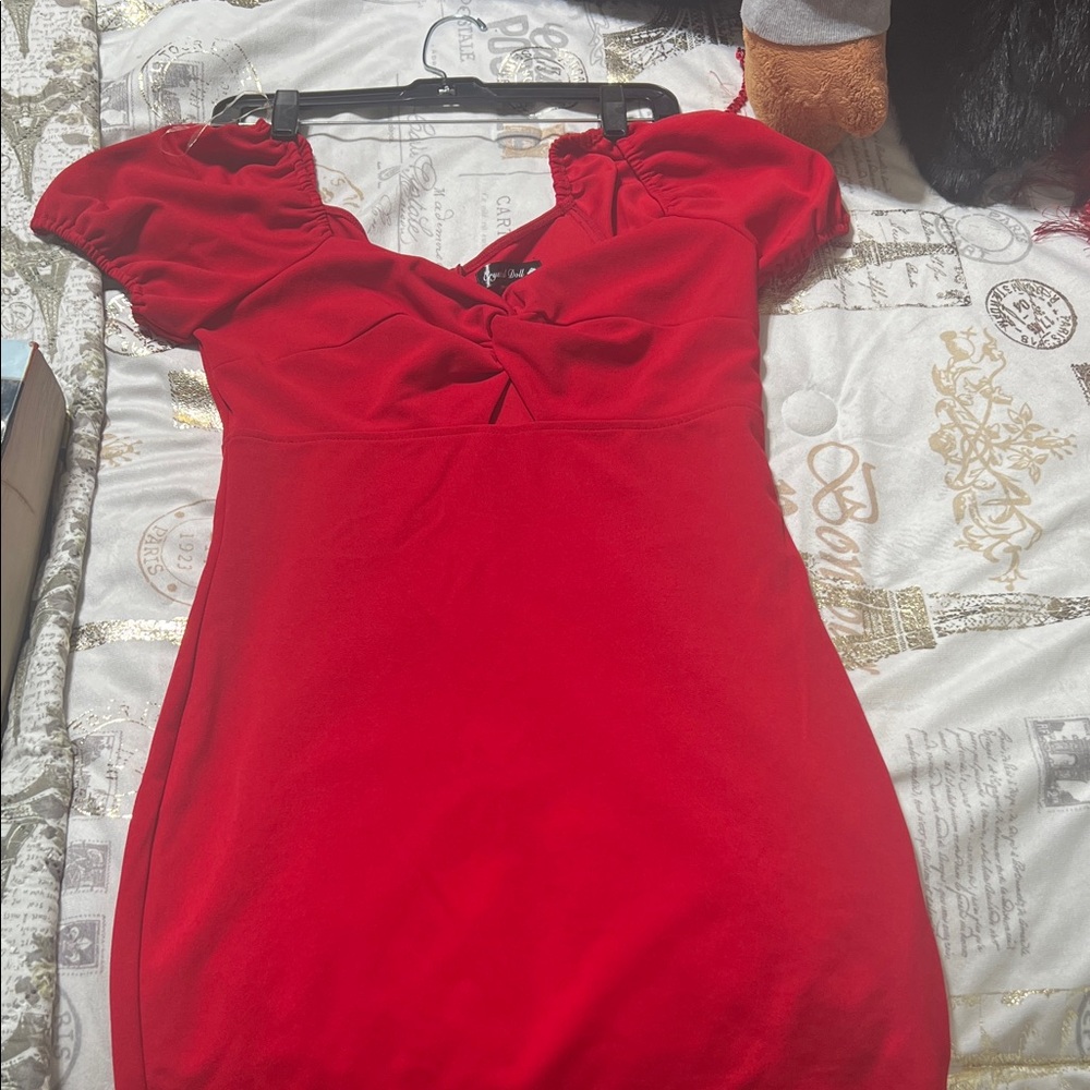 Crystal Doll Red Puff Sleeve Mini Dress